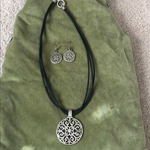 Black and silver medallion necklace with earrings